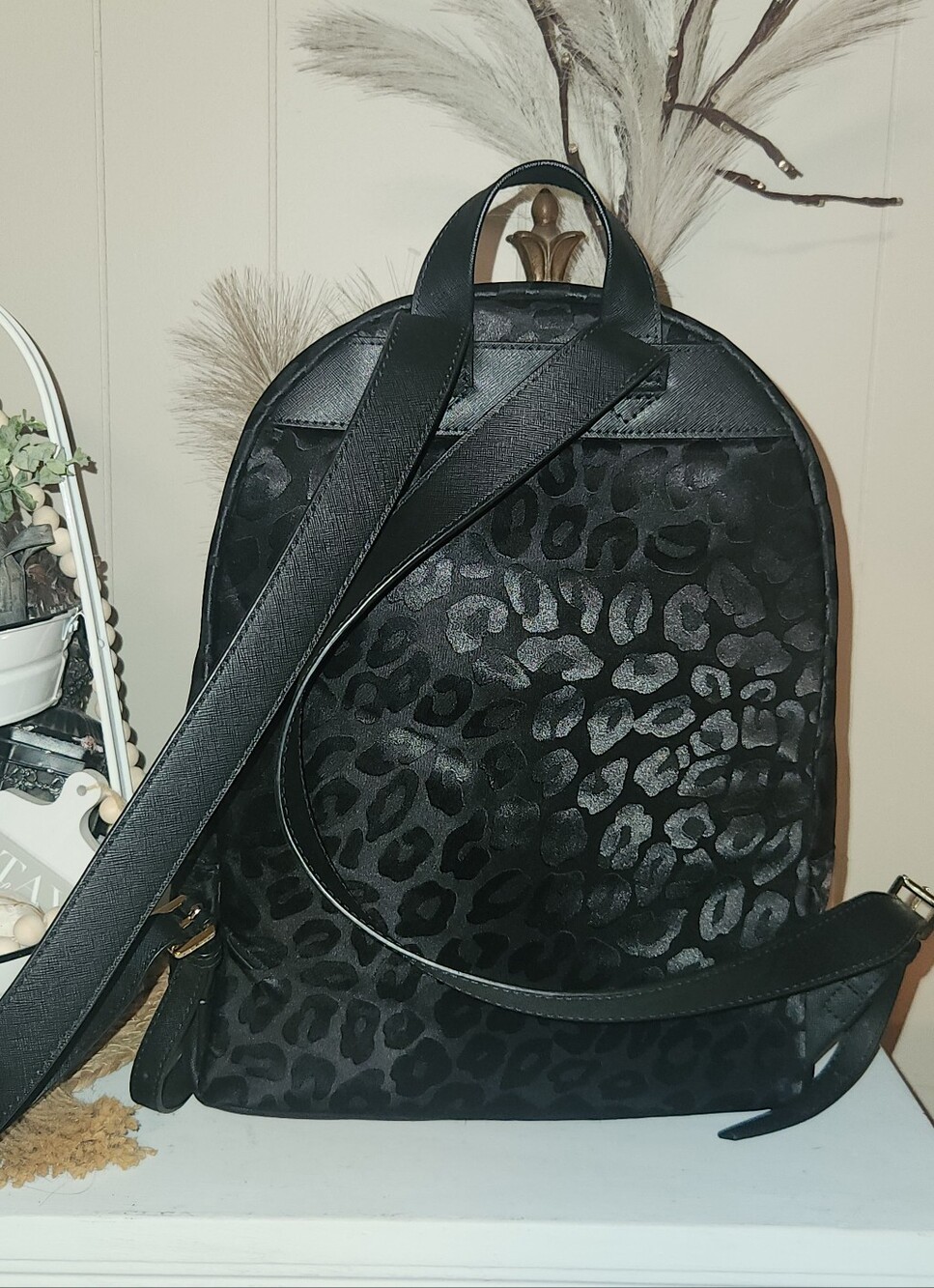 Michael Kors Black Satin Leopard-Print Backpack with Gold Hardware - Picture 2 of 6